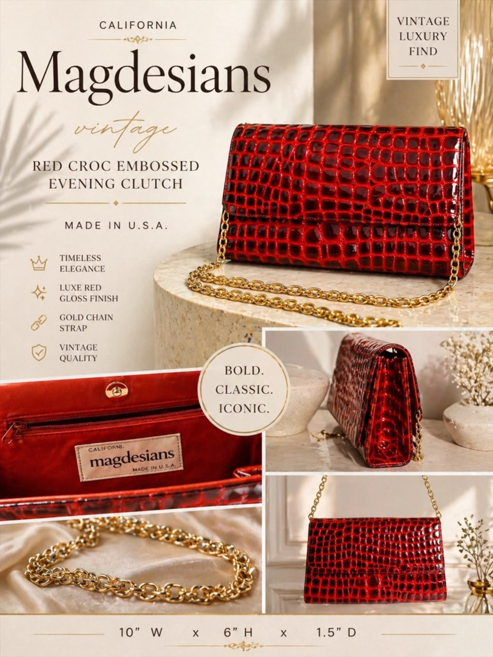 Vintage Magdesians Red Croc Embossed Clutch Gold Chain USA Evening Bag
